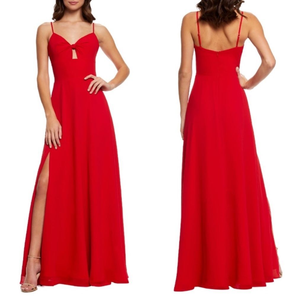 Dress the Population Cambria Twist Bodice Maxi Gown in Rouge V-Neck Sleeveless